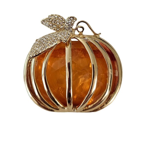 Napier Gold-Tone Caged Orange Resin Pumpkin Rhinestone Leaf Brooch Signed, L98 - Picture 2 of 8